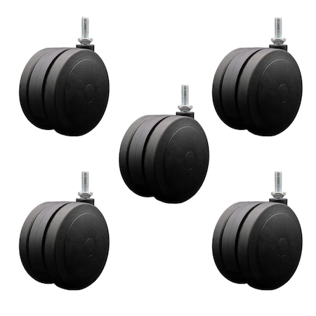Service Caster 4'' Black Heavy Duty Floor Safe Twin Wheel Caster 3/8'' Threaded Stem, 5PK SCC-TS02S100-TPR-BLK-381610-5